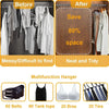 Multifunction hanger showing before and after organization of clothing, belts, tank tops, and bras.