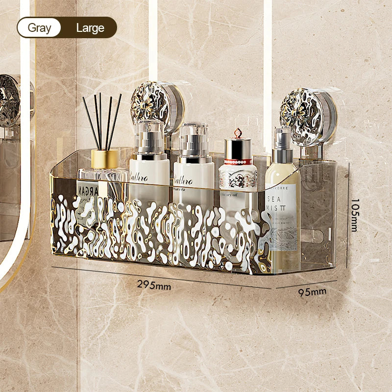 Stainless steel suction cup storage rack holding various bottles and brushes for bathroom organization