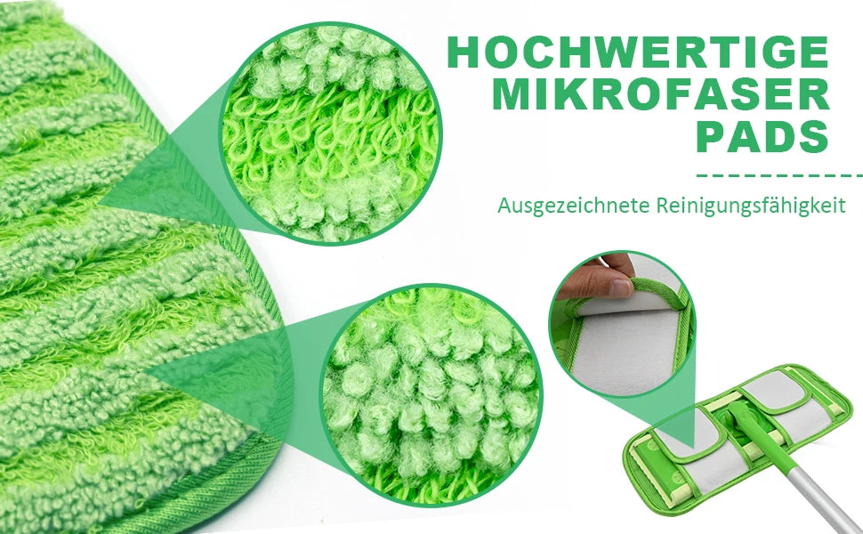 Close-up view of green microfiber mop pads showing their texture and cleaning effectiveness.