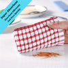 A red and white checkered absorbent cotton cleaning cloth is shown being used to wipe up spills on a white surface.