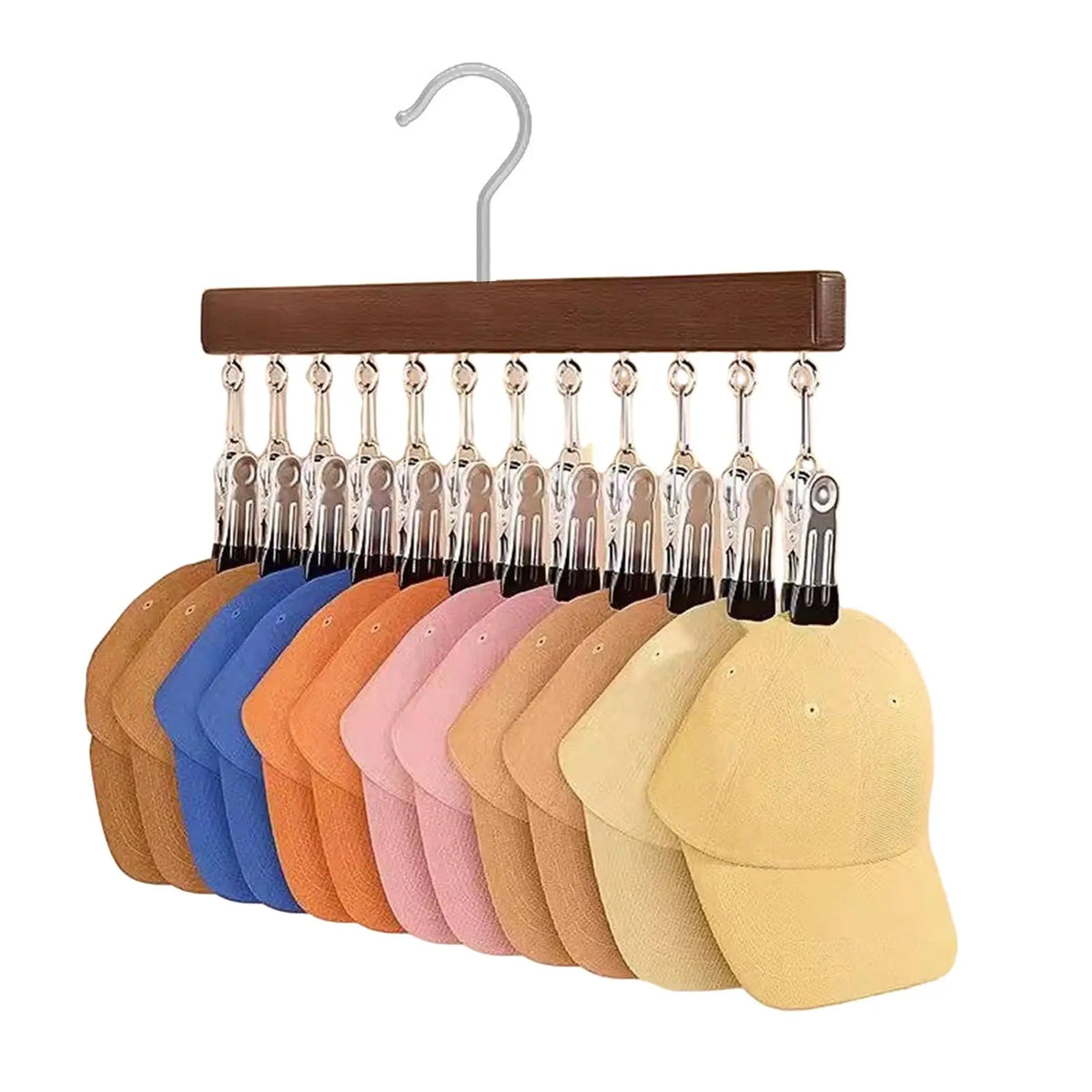 Set vielseitiger Kleiderbügel mit Holzstäben und verschiedenen farbigen Plastikclips.
