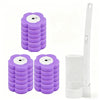 A purple disappearing toilet brush set with a long white handle and brush heads.