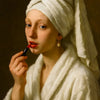 A woman with fair skin wearing a white turban and draped cloth, holding a red lipstick.
