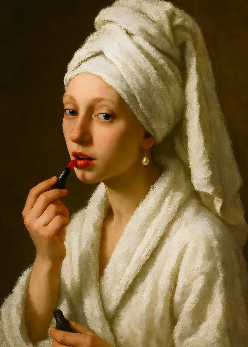 A woman with fair skin wearing a white turban and draped cloth, holding a red lipstick.