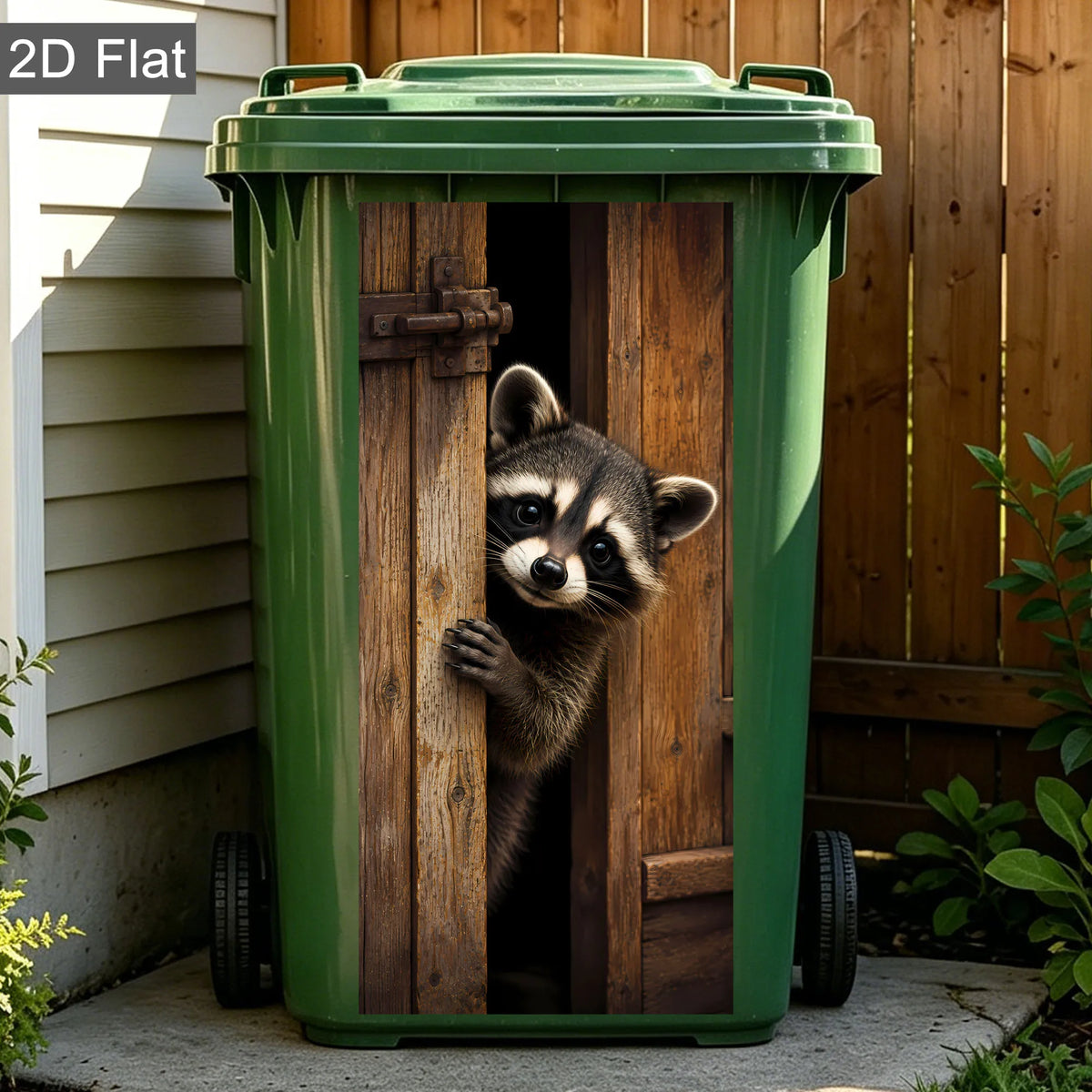 Un cubo de basura de plástico verde con un recorte de madera de cara de mapache.
