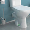 A white ceramic toilet with decorative green bolt covers on the base.