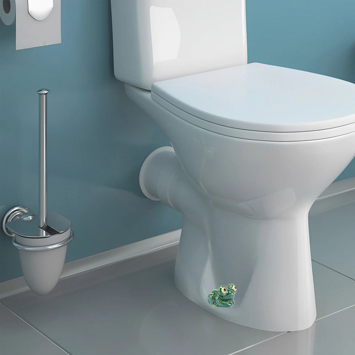 A white ceramic toilet with decorative green bolt covers on the base.