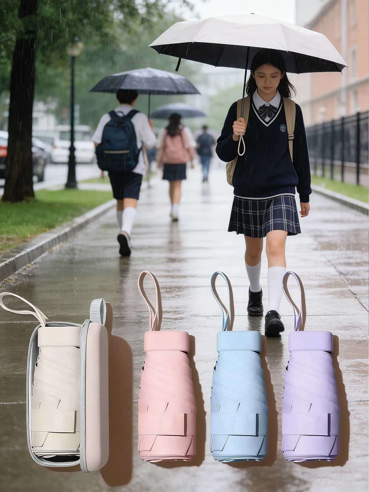 A set of five compact 5-fold travel umbrellas in various pastel colors displayed on a light surface.
