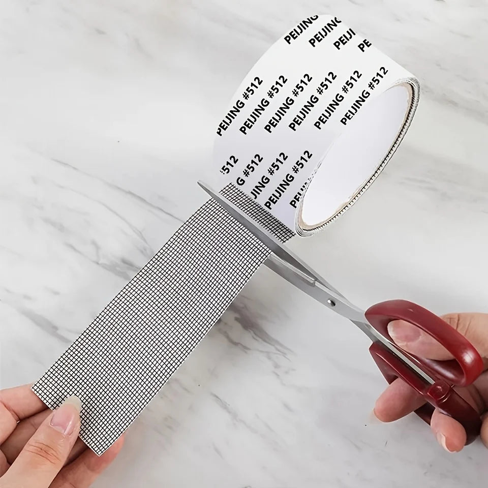 A hand holds a roll of heavy duty waterproof window screen repair tape with various product codes.