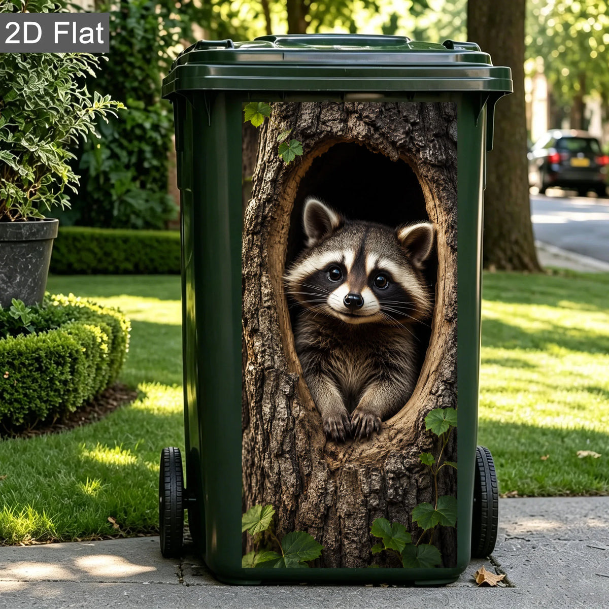Un cubo de basura verde con un decal de cara de mapache, mostrando un mapache asomándose de un tronco de árbol.