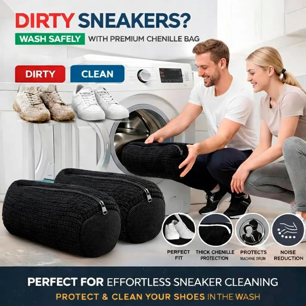 A man and a woman are shown using black reusable shoe laundry bags to wash sneakers in a washing machine.