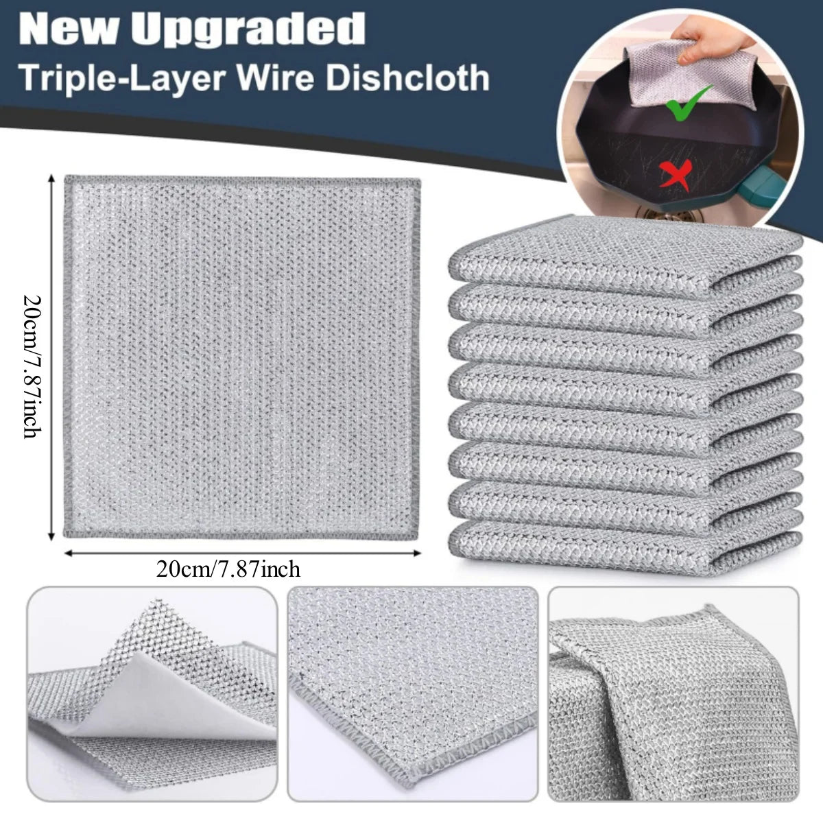 Stapel grauer dreilayer Drahtputzwischt und einzelne Tücher, die Textur und Schichtung zeigen.