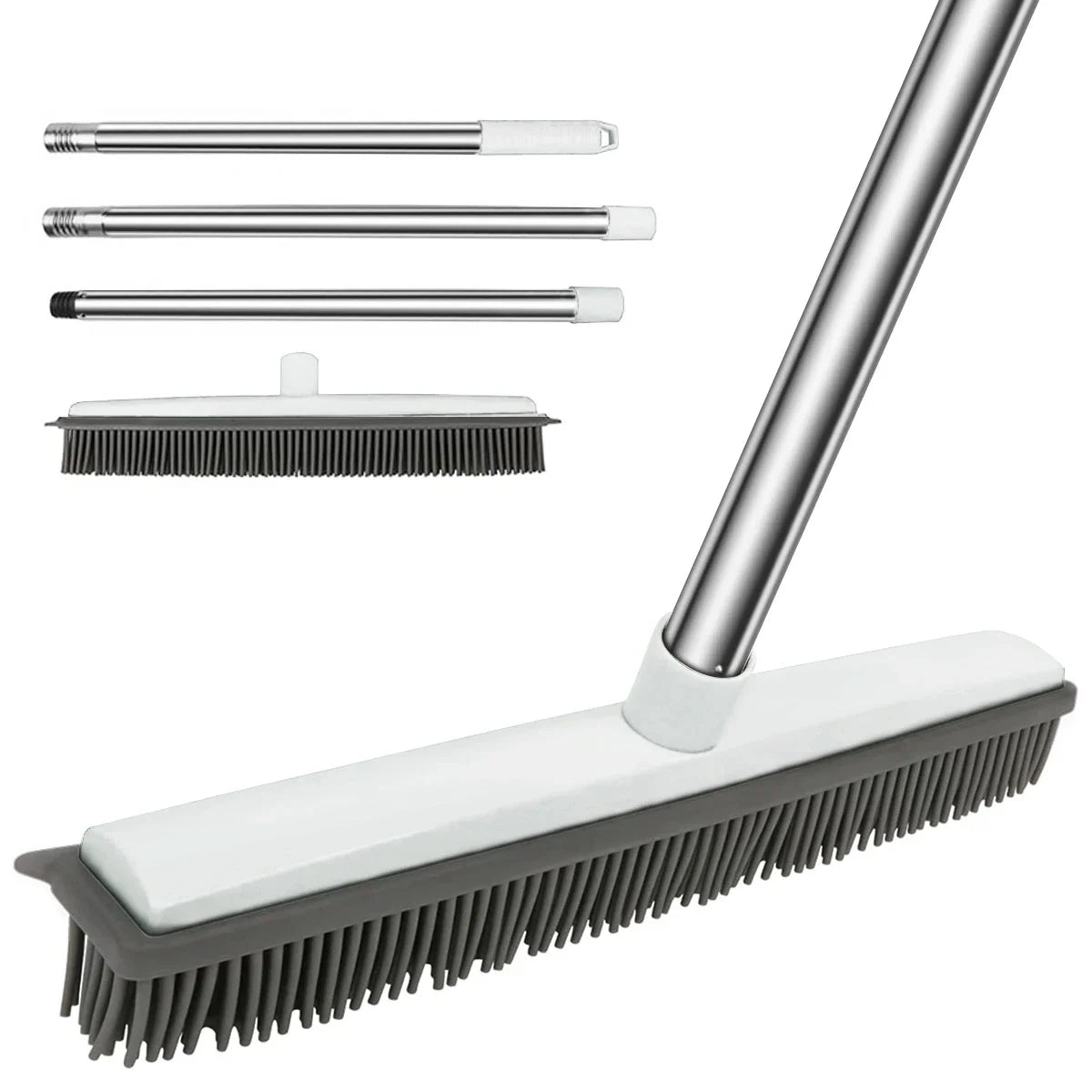 Adjustable rubber broom with squeegee for pet hair and carpet cleaning tools