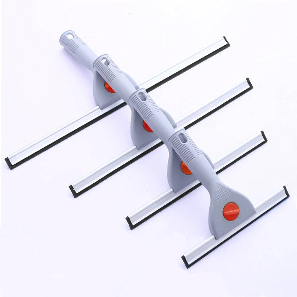 A set of heavy duty squeegees for cleaning car and home glass, featuring gray handles and orange tips.