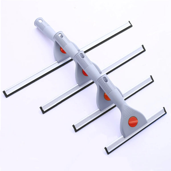 A set of heavy duty squeegees for cleaning car and home glass, featuring gray handles and orange tips.