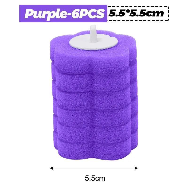 Purple disposable toilet cleaning foam sponges, 6 pieces, measuring 5.5x5.5 cm.