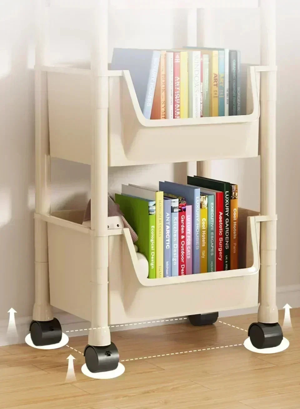 A white multi-layer portable storage rack with wheels holding various books and files.