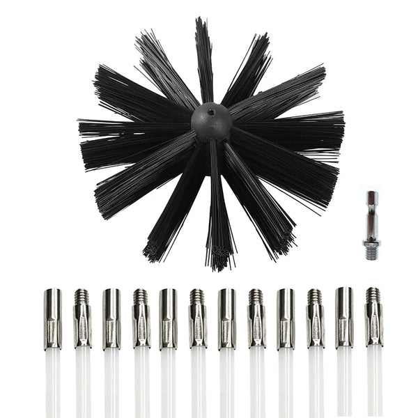 A black extendable chimney cleaning brush with multiple bristles shown alongside various sizes of metal cleaning tips.
