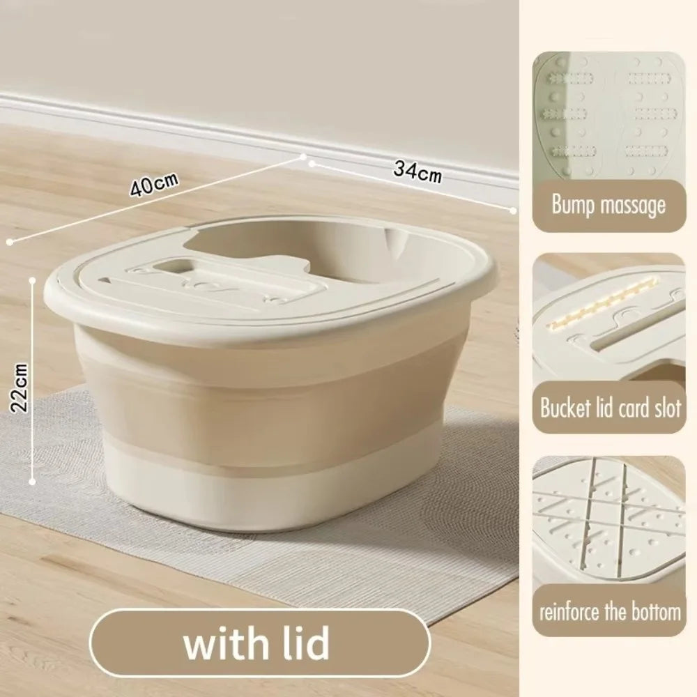 A beige portable foot bath tub with a lid shown next to various features like bump massage and a bucket lid card slot
