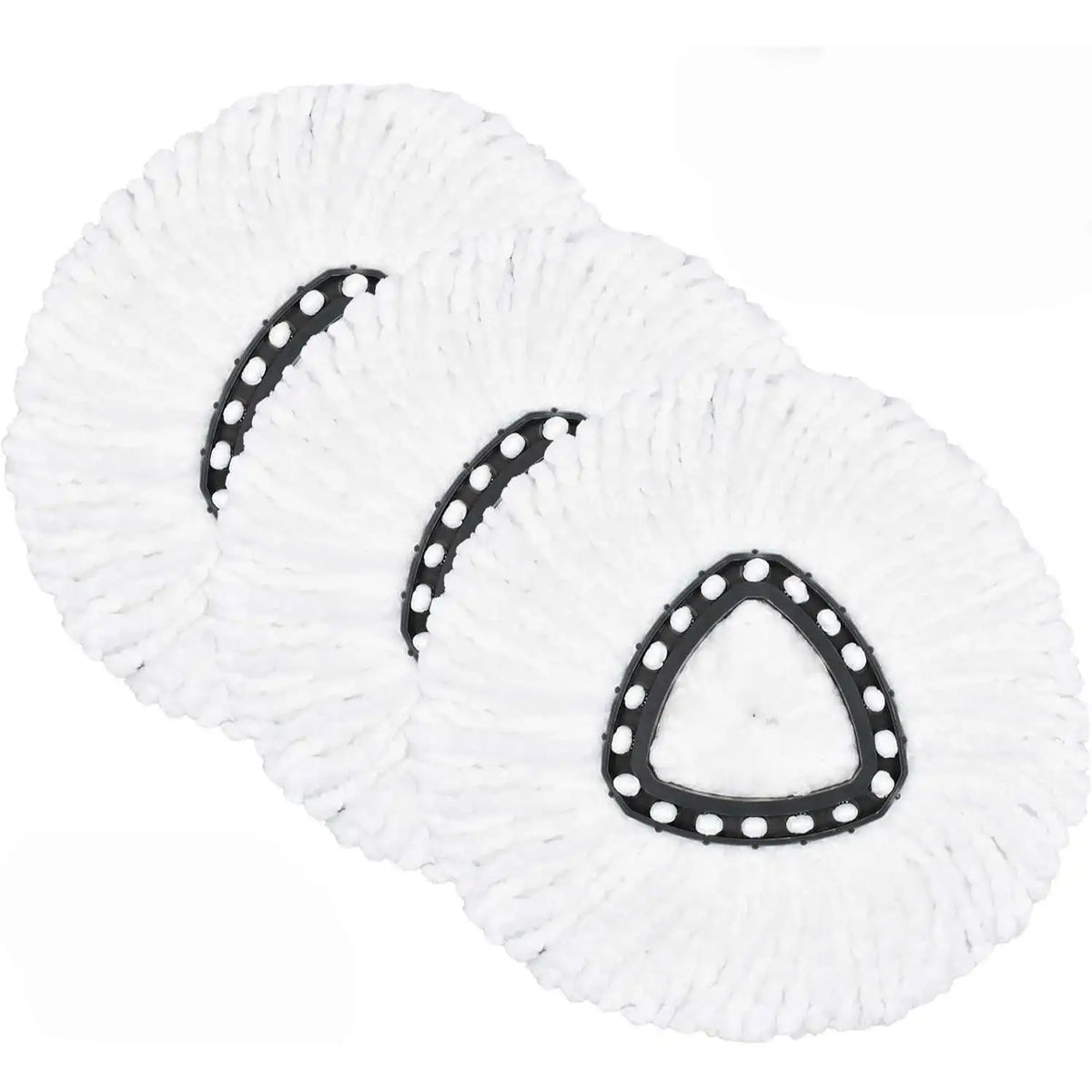 White microfiber spin mop refill heads with black accents