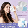 A woman is shown using disposable cotton facial wipes to remove sunscreen and nail polish.