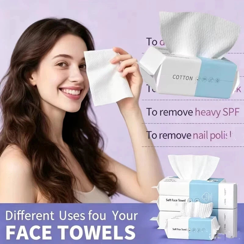 A woman is shown using disposable cotton facial wipes to remove sunscreen and nail polish.