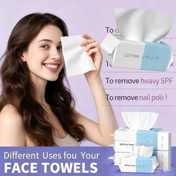 A woman is shown using disposable cotton facial wipes to remove sunscreen and nail polish.