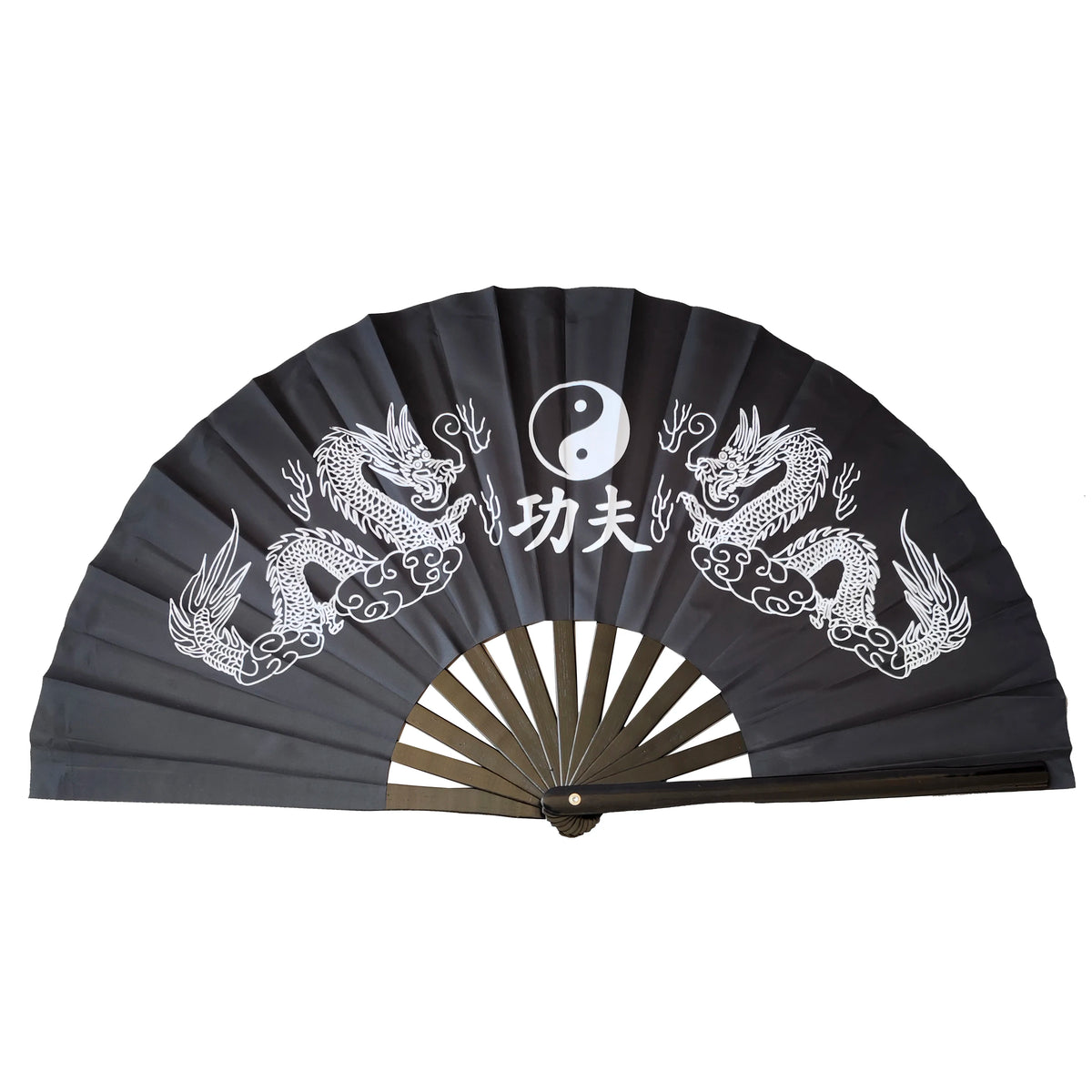 Un éventail de martial arts traditionnel en bambou noir avec des dessins de dragon blanc et des caractères chinois.