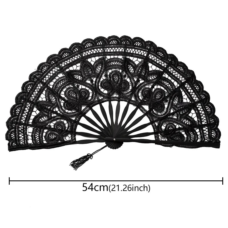Black elegant lace folding handheld fan with a sunburst design