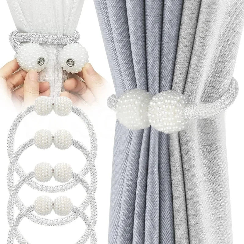 Ensemble de pinces magnétiques à perles pour rideaux, montrant un tissu blanc et gris avec des liens magnétiques décoratifs à