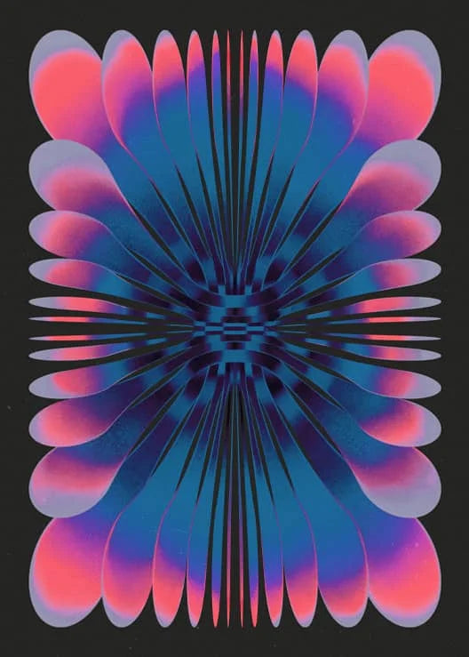 Abstract futurism canvas wall art print featuring radiating pink and blue petal shapes.