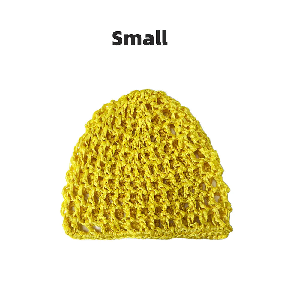 Small yellow hand-crocheted mesh hair net cap