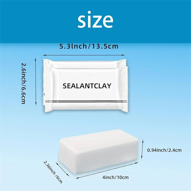A white tube of sealant clay is shown next to a rectangular block of the same product for size comparison.