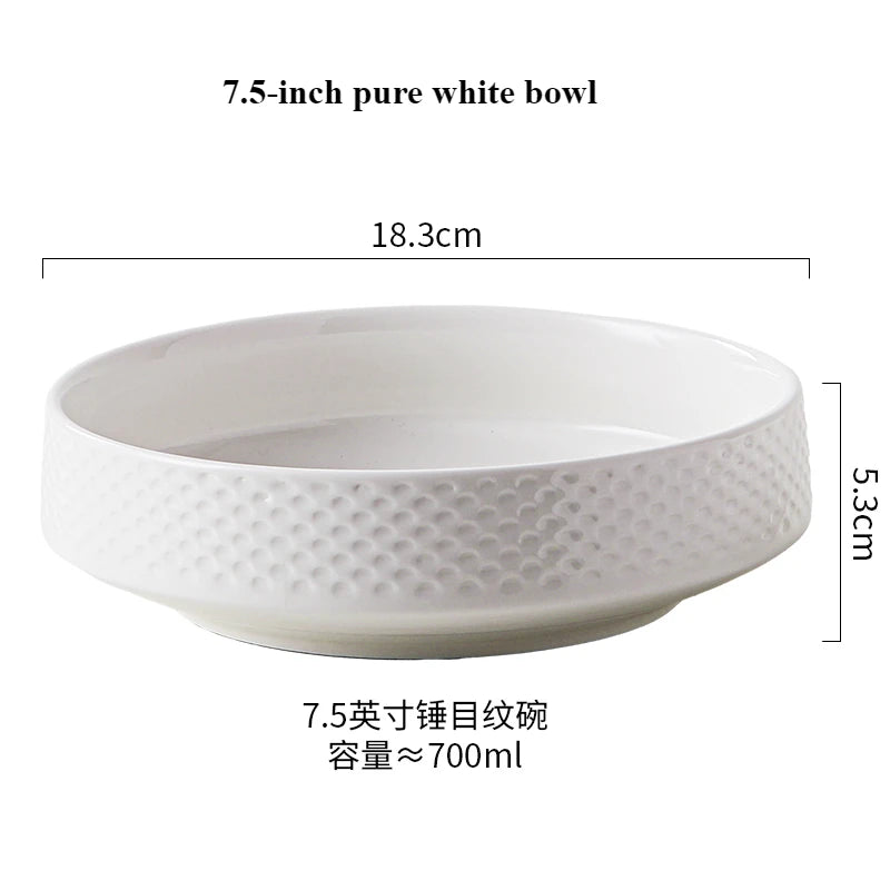 A 7.5-inch pure white ceramic bowl with a textured rim and a 5.3cm depth.