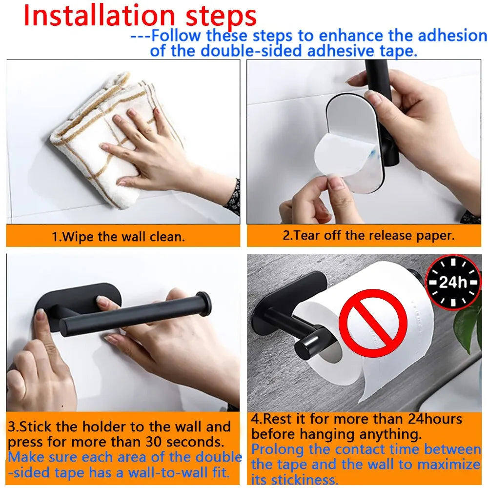 Installation steps showing how to attach the No-Drill Adhesive Paper Towel Holder using double-sided adhesive tape on a wall.
