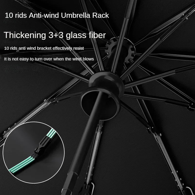 A close-up view of a black umbrella rack with ten rods made of thickening 3+3 glass fiber.