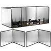 Foldable stainless steel oil splash guard for stovetop with a reflective glass panel.