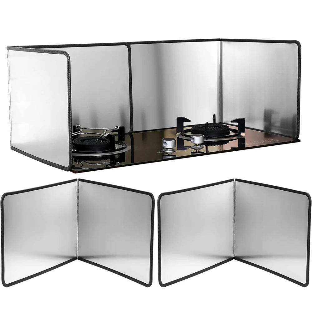 Foldable stainless steel oil splash guard for stovetop with a reflective glass panel.