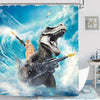 Un divertido dinosaurio gato con rifle en tema de surf contra un fondo de cielo y agua azules.