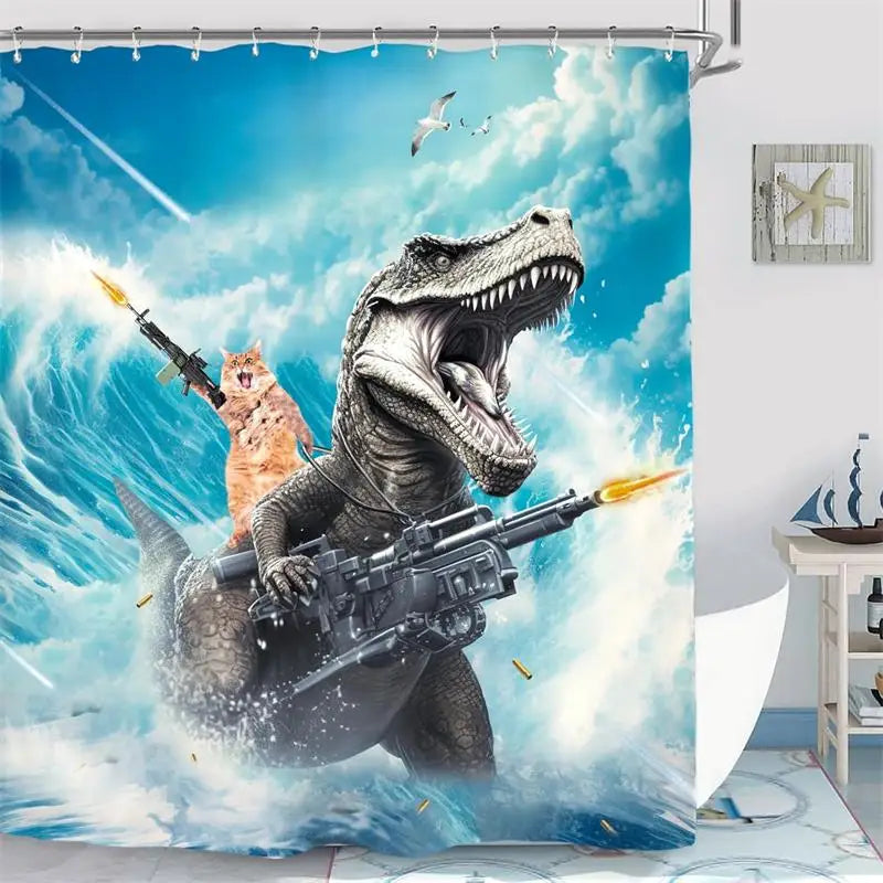 Un divertido dinosaurio gato con rifle en tema de surf contra un fondo de cielo y agua azules.