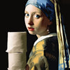 A portrait of a woman wearing a blue headscarf and holding a rolled piece of paper against a dark background.