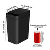 A black automatic motion sensor trash can shown with its dimensions compared to a can.