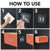 Six steps demonstrating how to use double-sided adhesive wall hooks for hanging items.