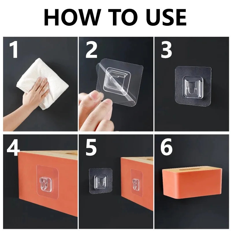 Six steps demonstrating how to use double-sided adhesive wall hooks for hanging items.