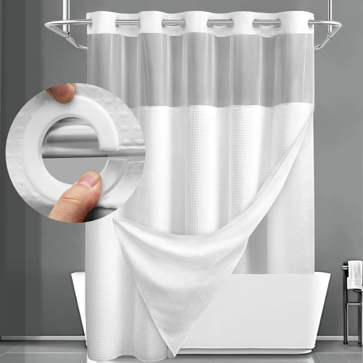 A white shower curtain with a snap-in liner is shown hanging on a rod, demonstrating its installation.
