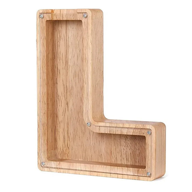 Piggy bank alphabet shaped like the letter U, made of light wood