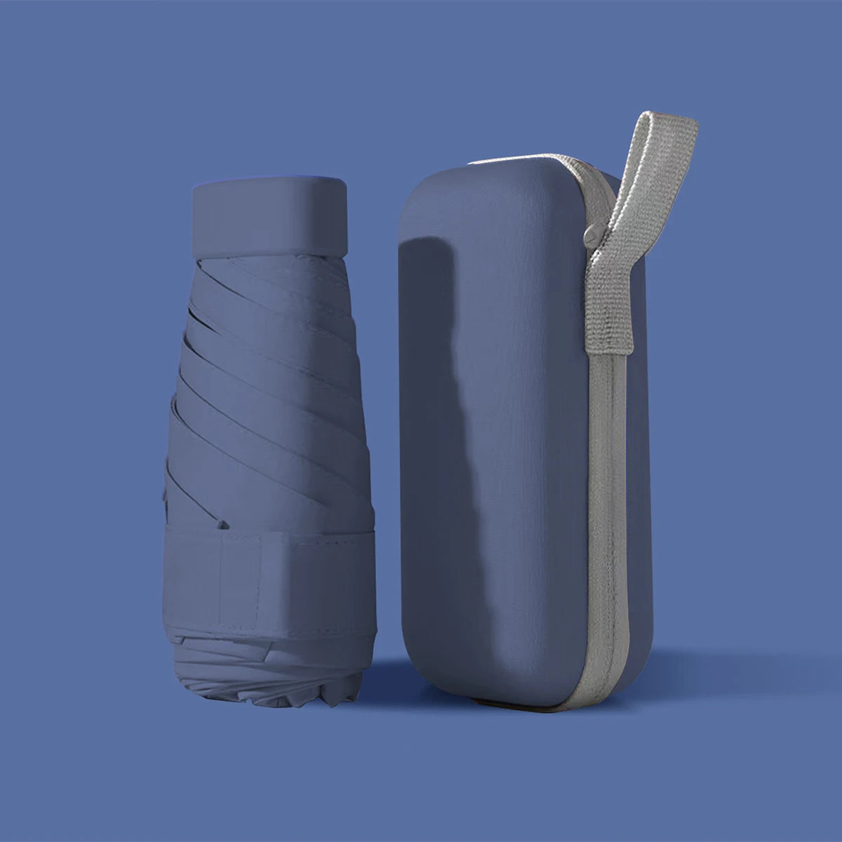 A compact five-fold travel umbrella in a slate blue color, shown standing upright.