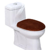 A white toilet with a brown protective seat cover installed.