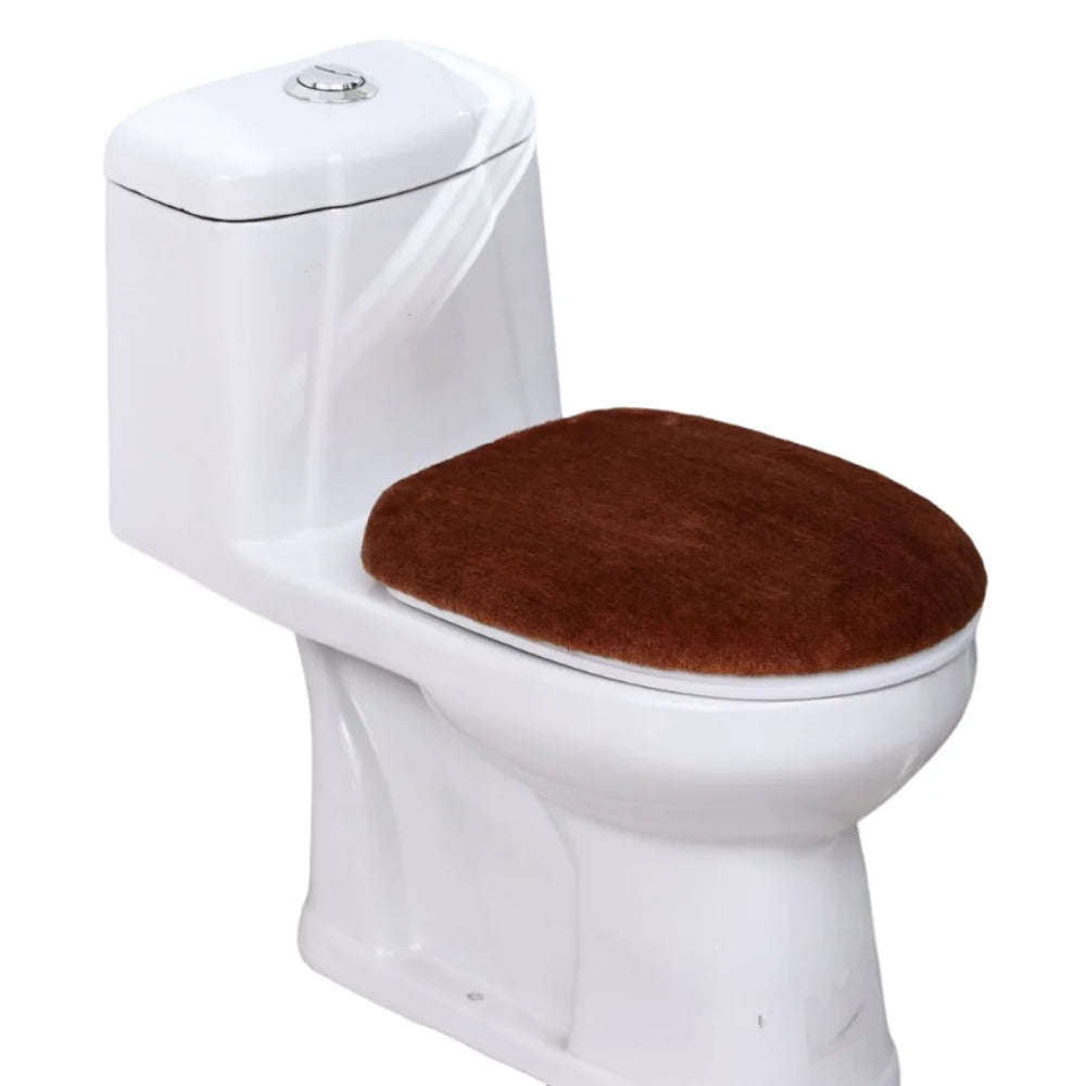 A white toilet with a brown protective seat cover installed.