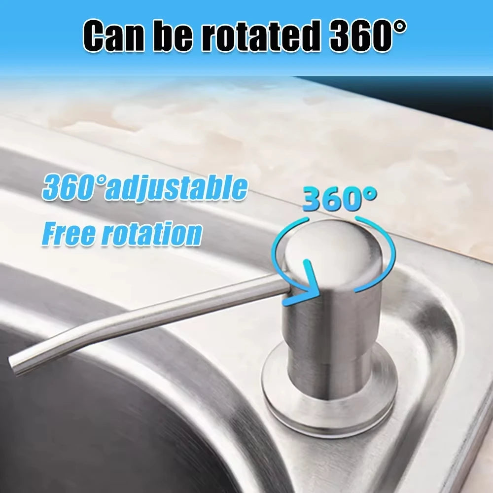 Stainless steel liquid soap dispenser pump with a 360-degree adjustable free rotation feature.